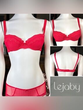Lejaby Red Lace Moulded Foam Cup Underwire Demi Bra, Szs 34A & 36E